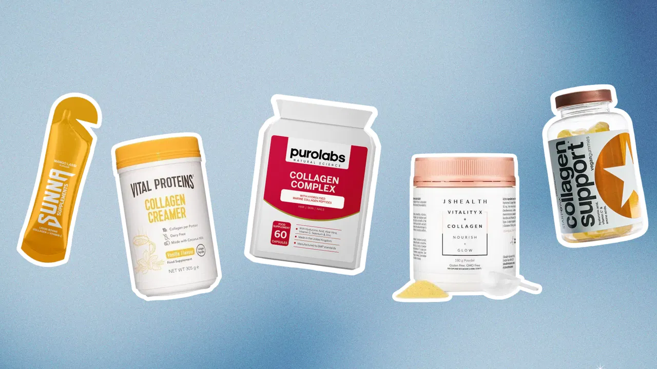 Woman with radiant skin holding collagen supplement