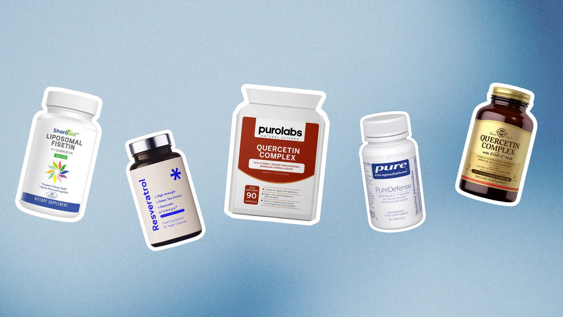 Quercetin supplement capsules with fresh fruits and vegetables rich in flavonoids